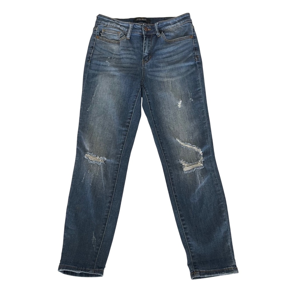 Judy Blue Women's Size 29 Distressed Ripped Straight Jeans Blue‎ Stretch Denim